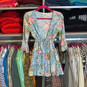Blue Island blue/pink floral 3/4 sleeve v neck front cinch mini dress size XS